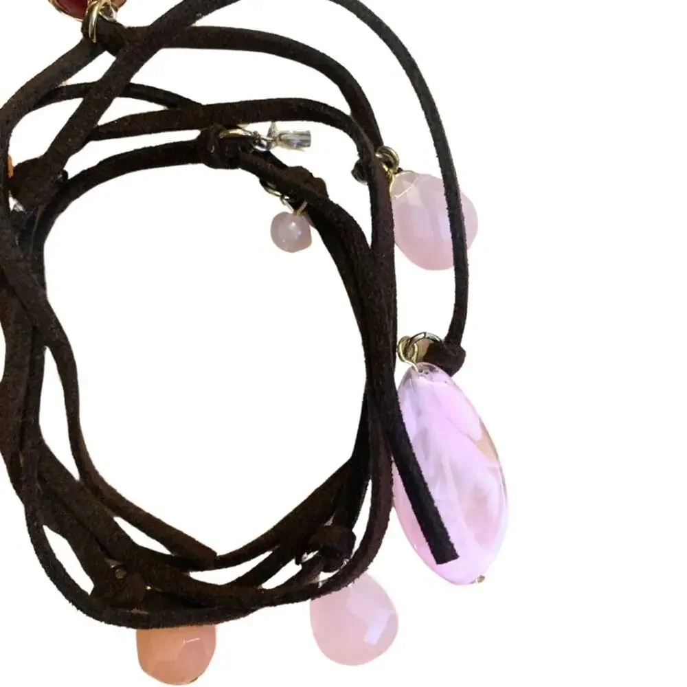 2/$30 Adjustable Leather Wrap Bracelet Necklace Brown Pink Charms Boho Festival